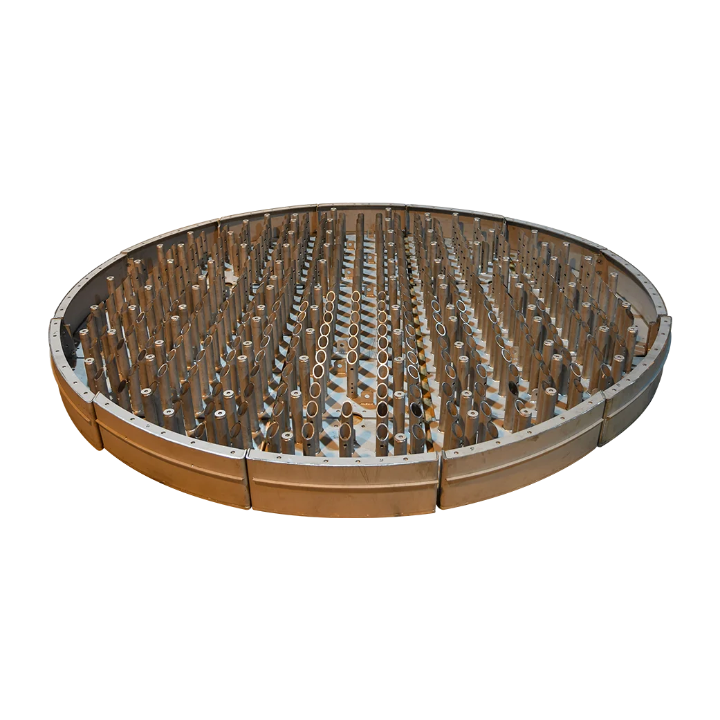equiflow distributor component for fixed bed axial flow reactor internal system