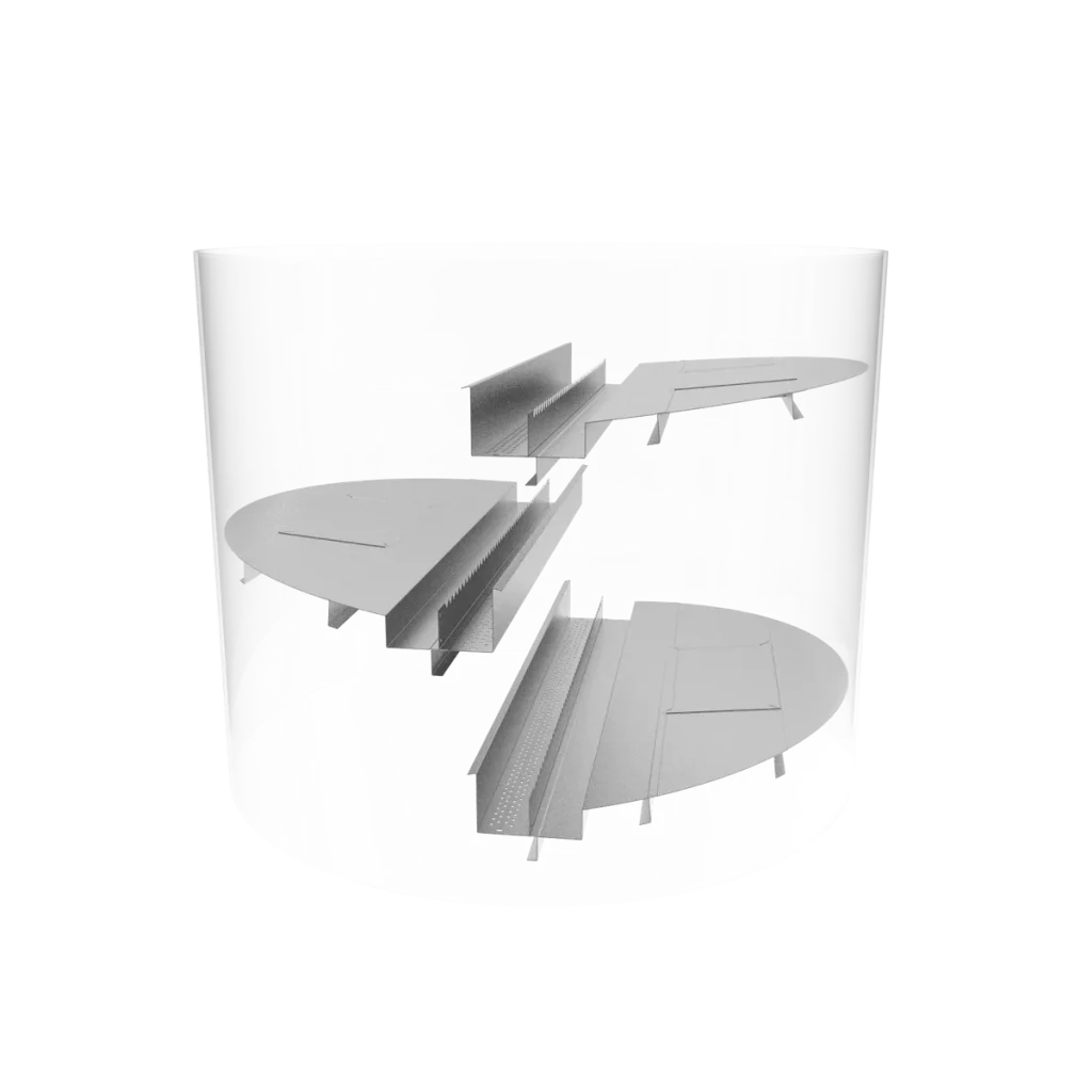 shower tray component for tray tower tray without downcomer (counter cross flow) tower internals system