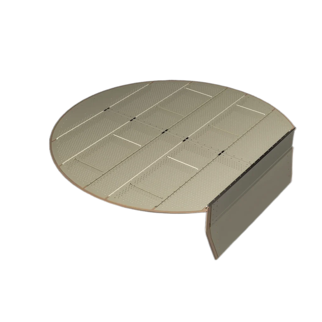 sieve tray component for tray tower tray with downcomer (cross flow) tower internals system